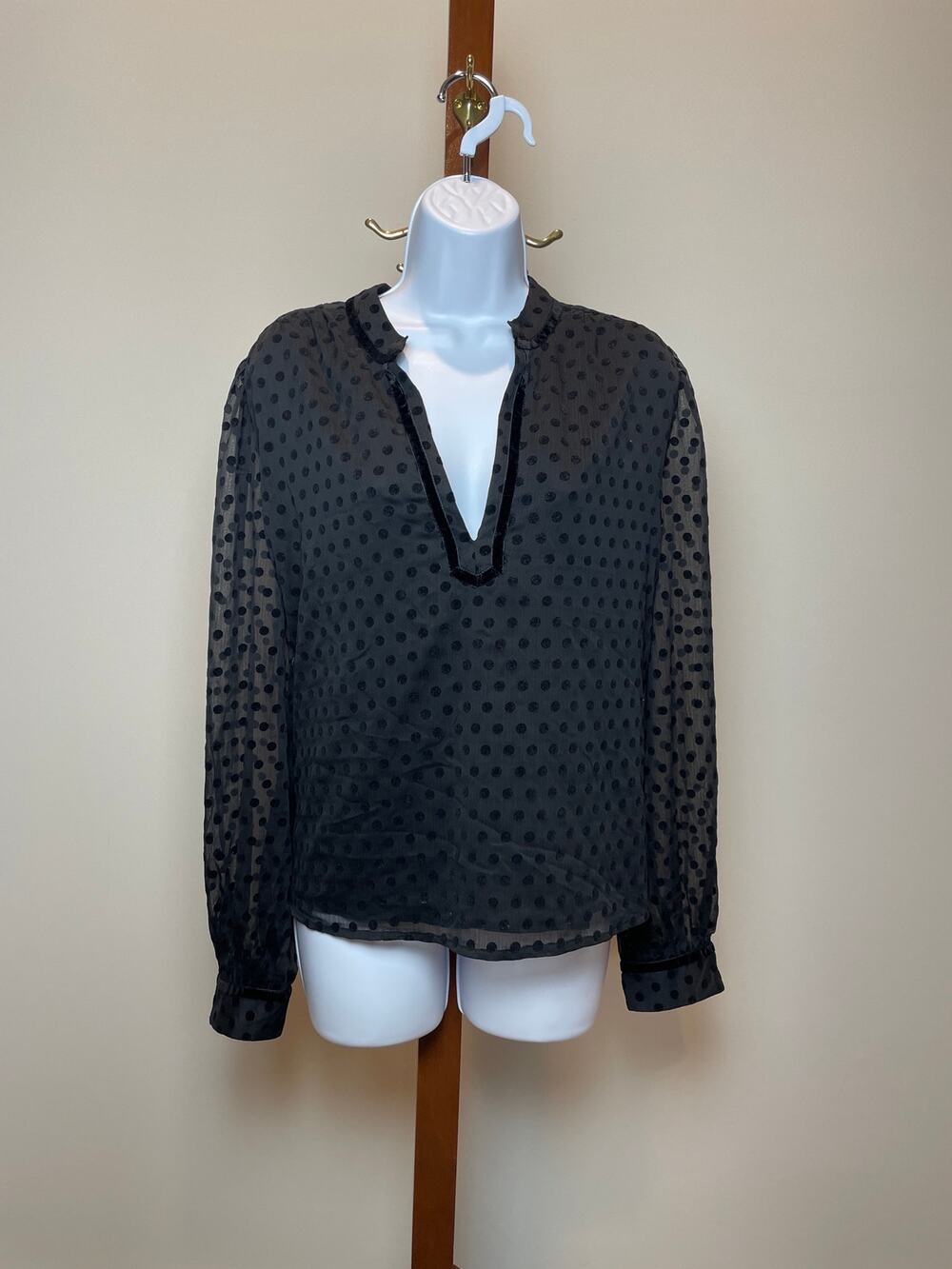 Loft Black Chiffon Velvet Trim Puff Sleeve Sheer Dot Top Size XL New With Tag
